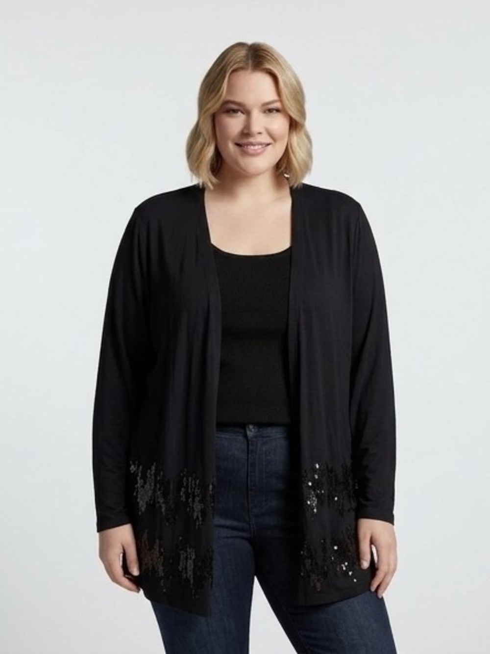 Joan Rivers Black Open-Front Cardigan with Sequin Accent Women's Size 2X